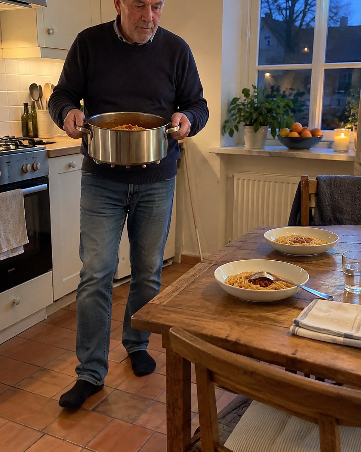Two pasta bowls sit at a small dinner table while an older man carries over a still-full pot.