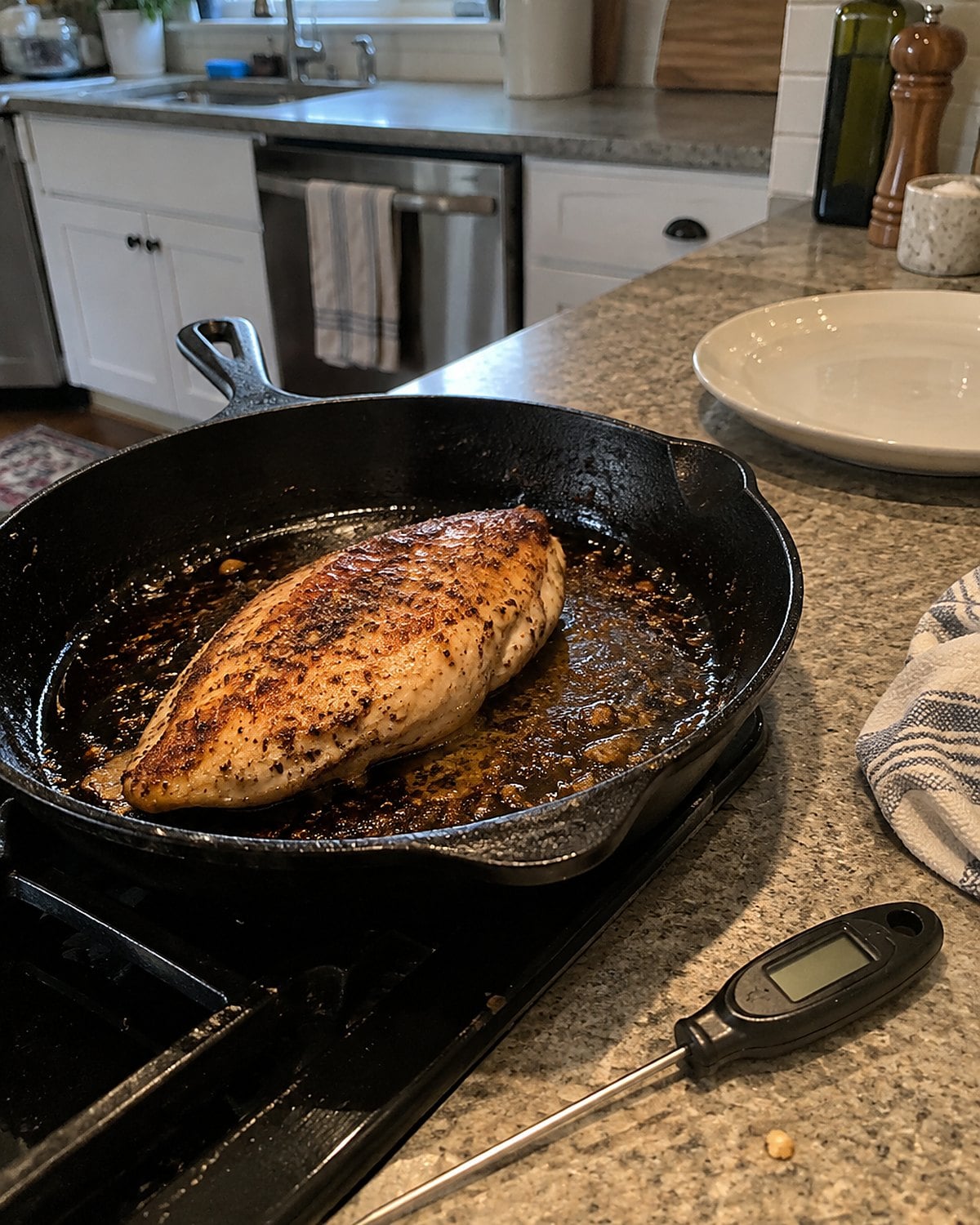 An instant-read thermometer rests beside a browned chicken breast in a skillet.