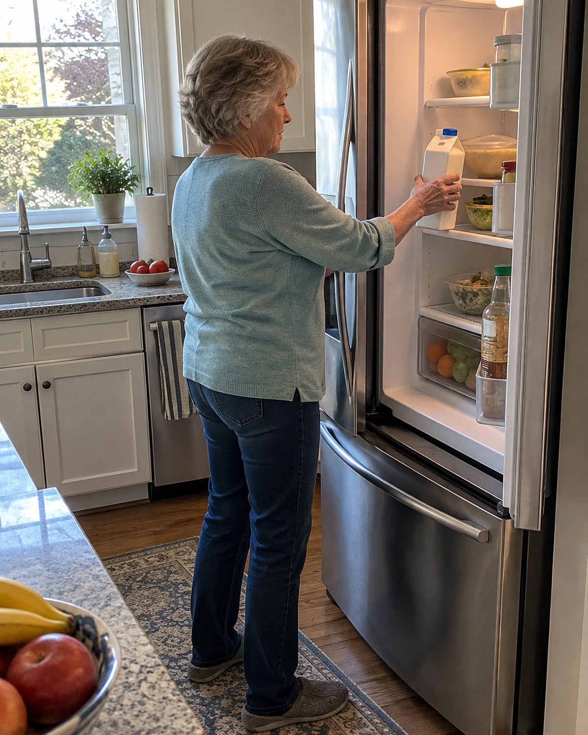 An older womanโs hand moves a milk carton from the refrigerator door to an interior shelf.