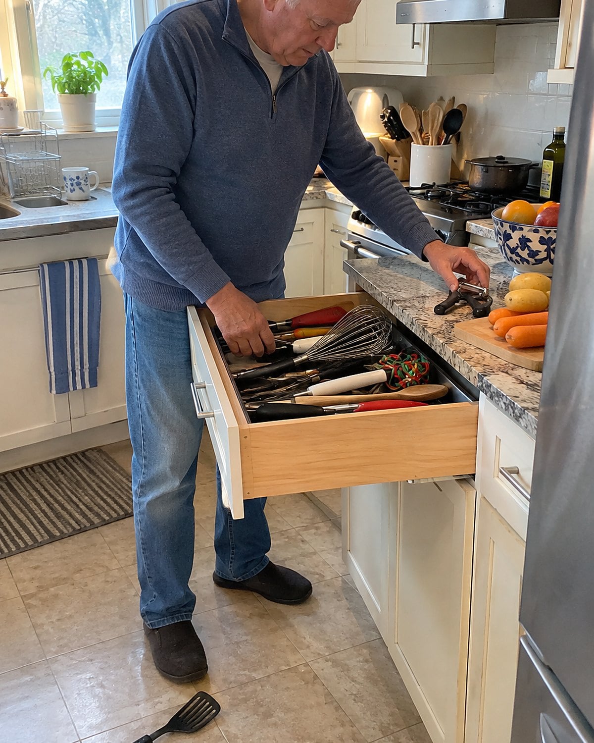 An open kitchen drawer holds twist ties and utensils as an older manโs hand searches beside it for a peeler.