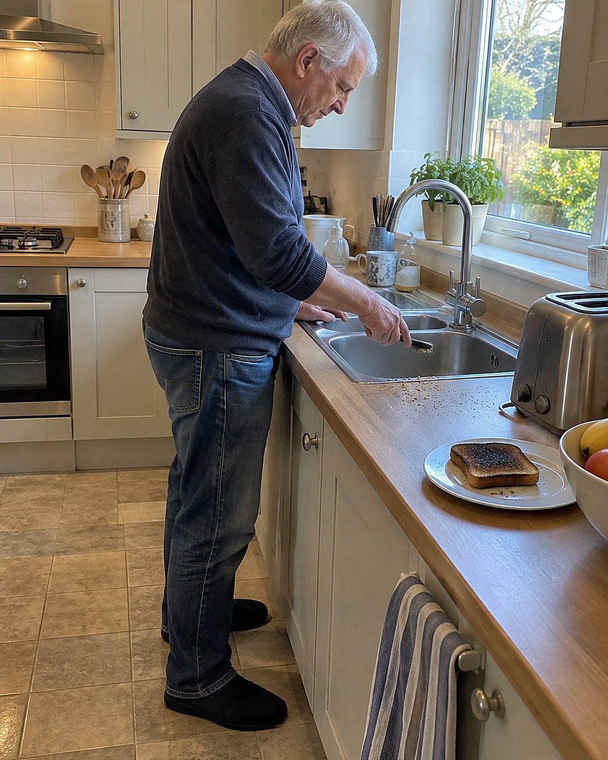 Burnt toast sits beside a toaster as an older man brushes crumbs from the sink.