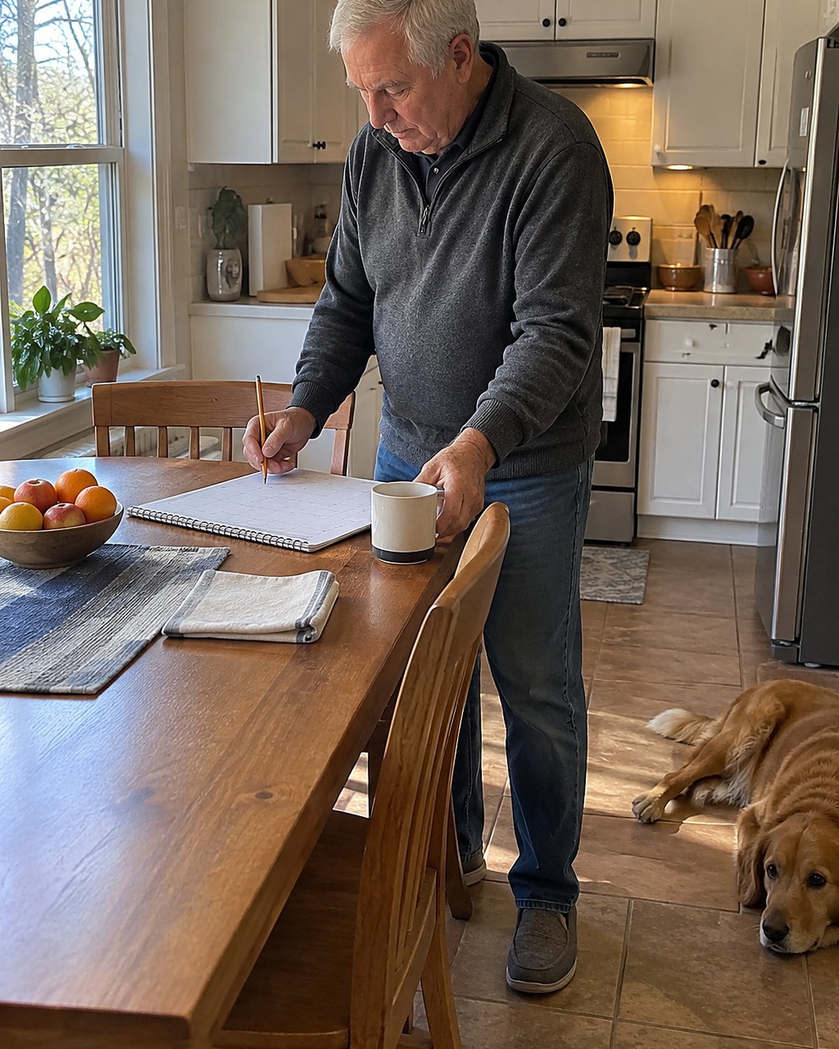 An older man adds Thursday dinner to a kitchen calendar beside a grocery list.