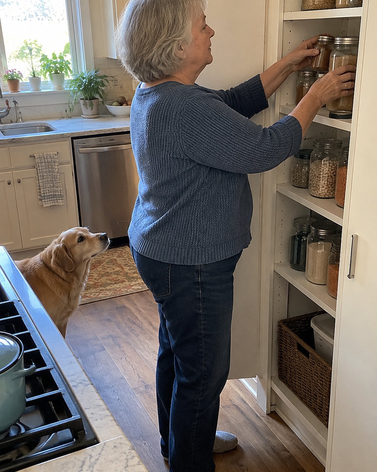 Two older hands rearrange cumin and cinnamon jars on a pantry shelf.