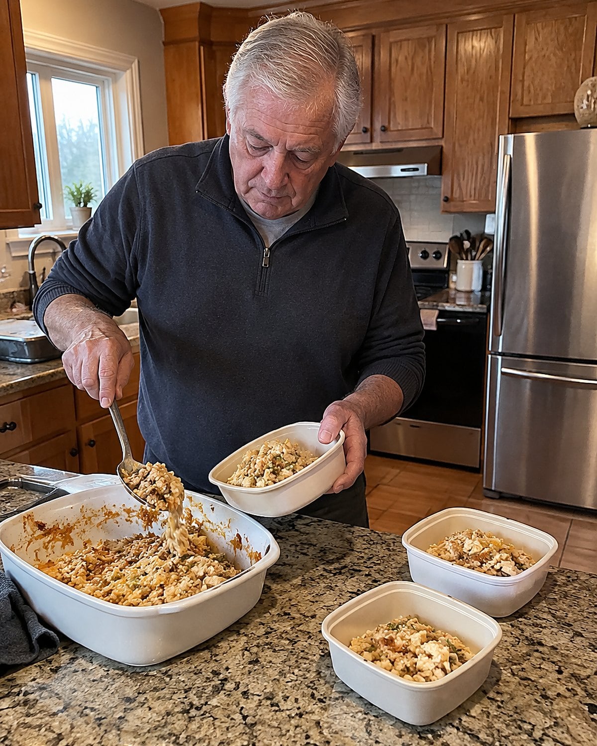 An older man divides leftovers from a serving dish into shallow containers at the counter.