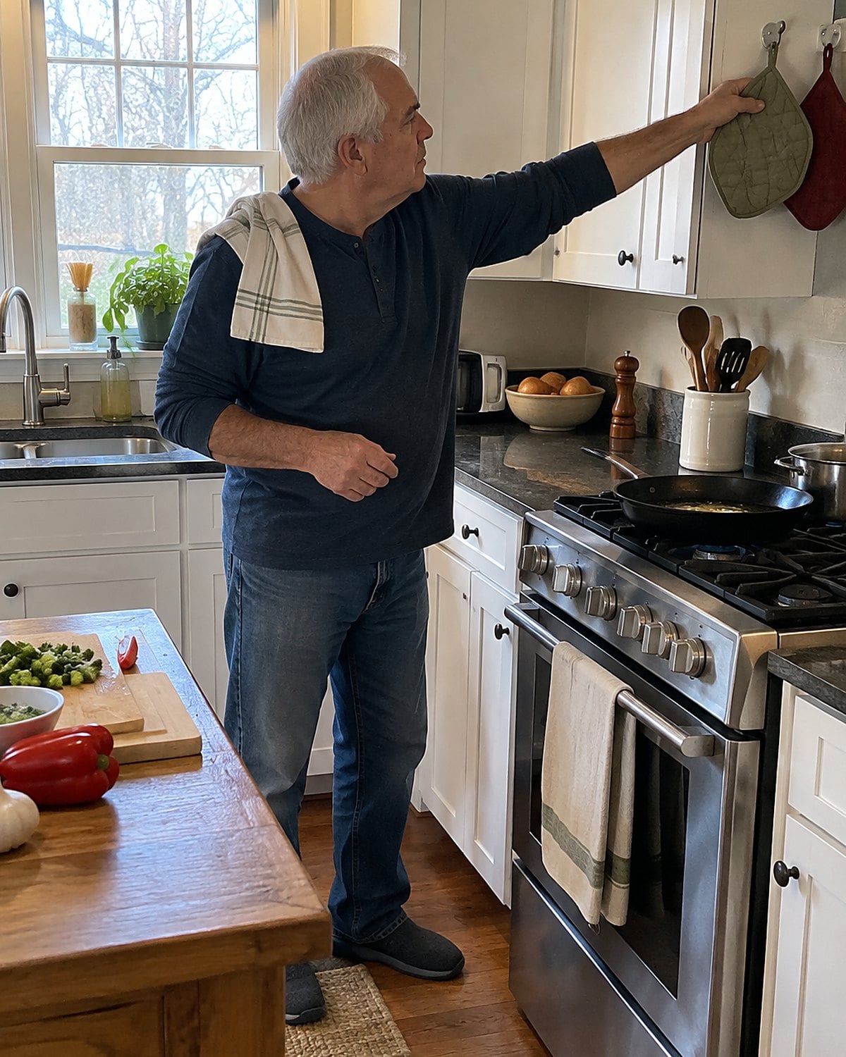 A damp dish towel hangs from an older manโs shoulder as his hand reaches for a potholder.