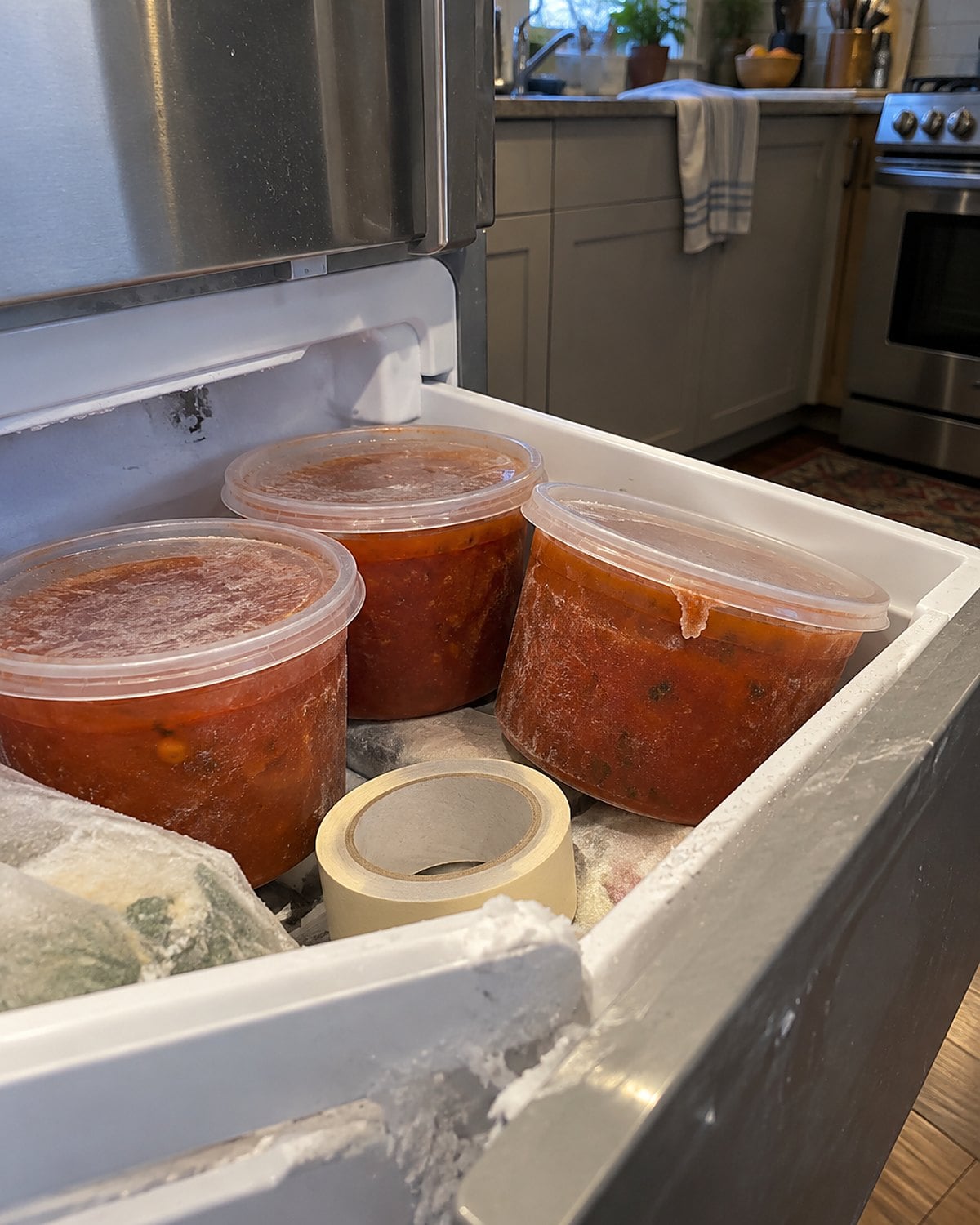 An open freezer drawer holds three similar containers of red soup beside a roll of tape.