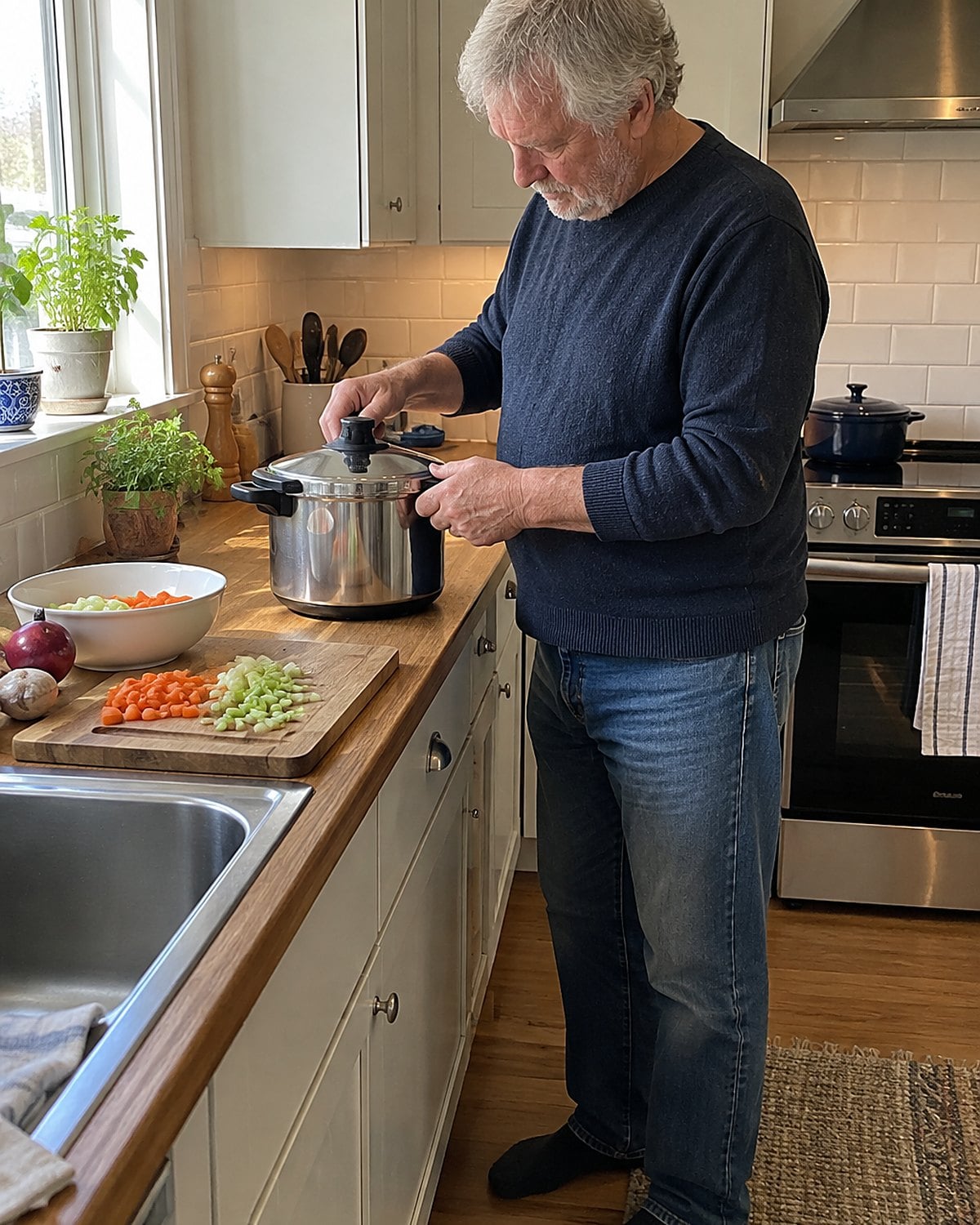 An older man checks the lid of a pressure cooker on the kitchen counter before starting dinner.