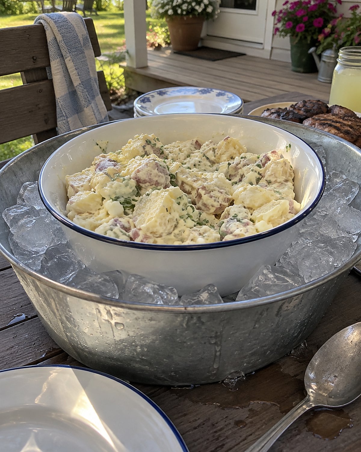 A bowl of potato salad nested in ice on a picnic table beside the porch.