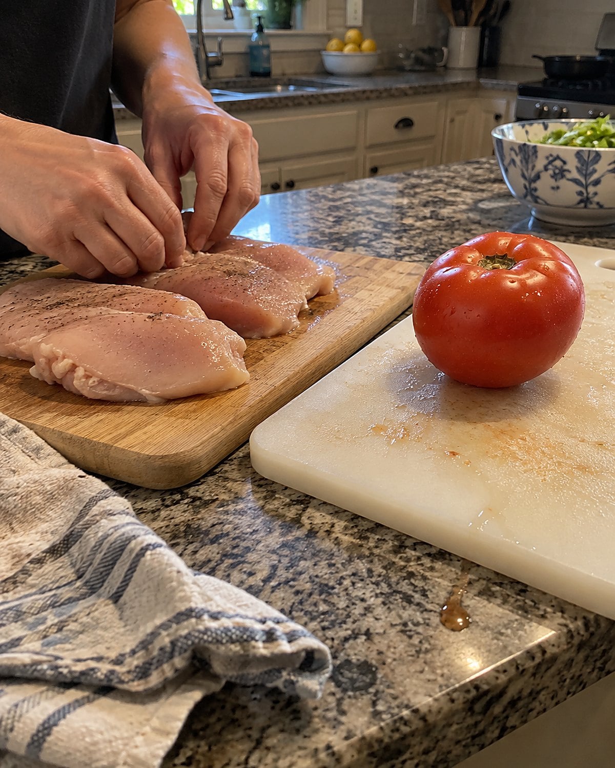 Two cutting boards on a counter, one holding raw chicken and the other a whole tomato.