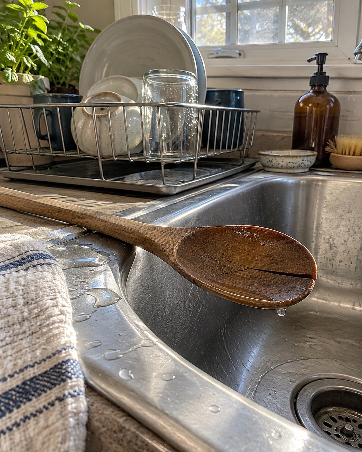 A worn wooden spoon with a visible crack laid across a sink after washing.