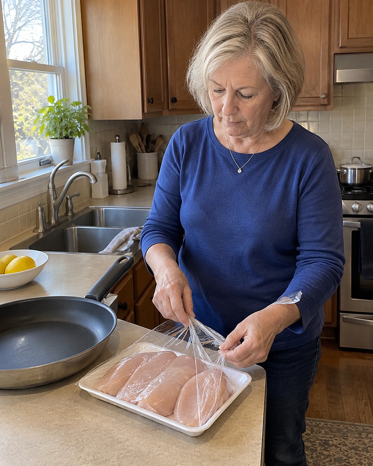 Hands opening a package of raw chicken beside a dry kitchen sink.