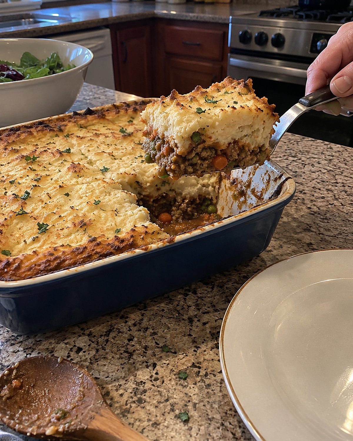 A serving spoon lifting a square from a casserole dish with browned edges and a pale center.