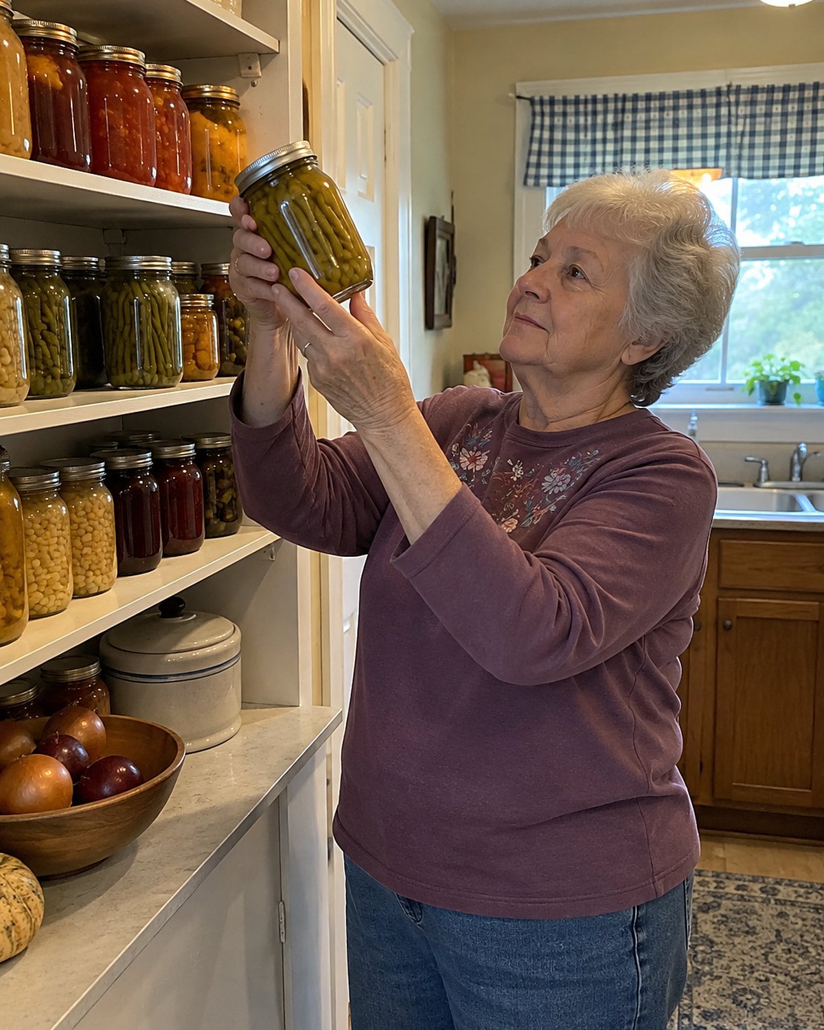 Home-canned green beans in jars on a pantry shelf, with one jar held in two hands.