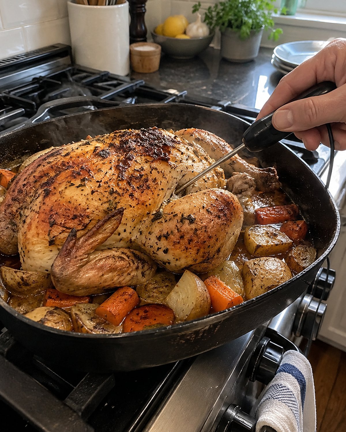 A thermometer probe in a roast chicken near the joint, with the pan still on the stovetop.