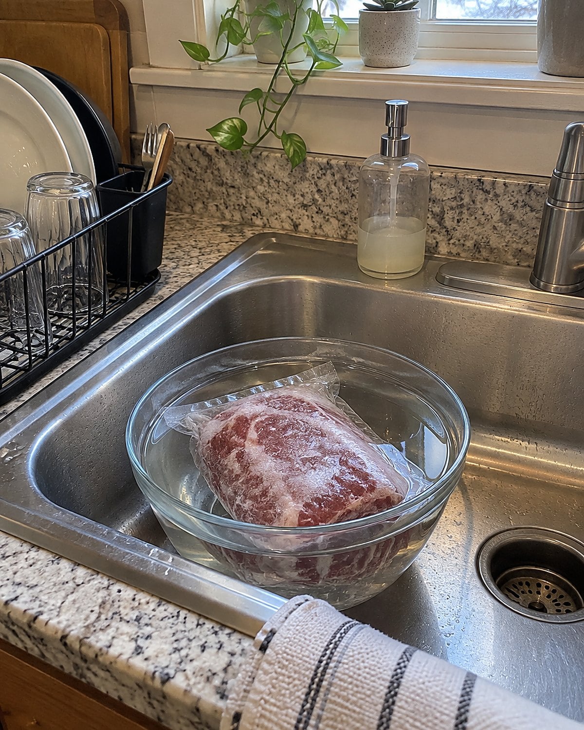 A sealed package of frozen meat in a bowl of cold water in the kitchen sink.