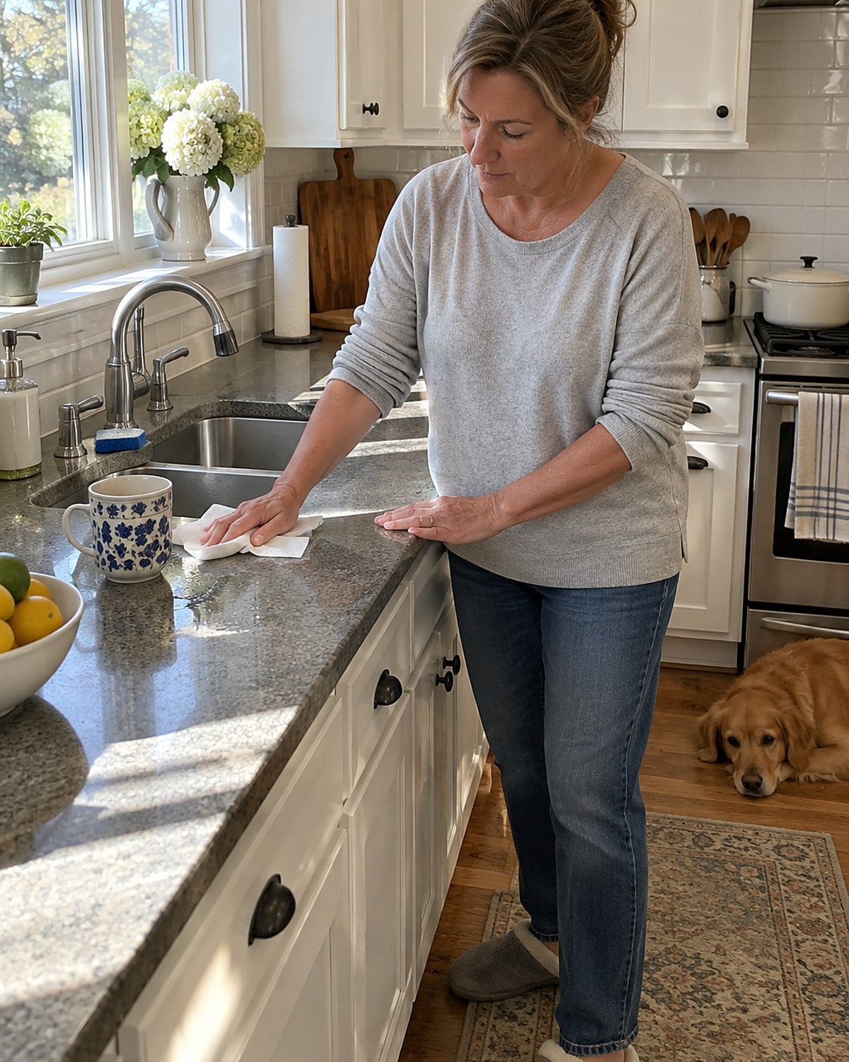 A damp sponge beside the sink, with a hand wiping a nearby counter with a paper towel.