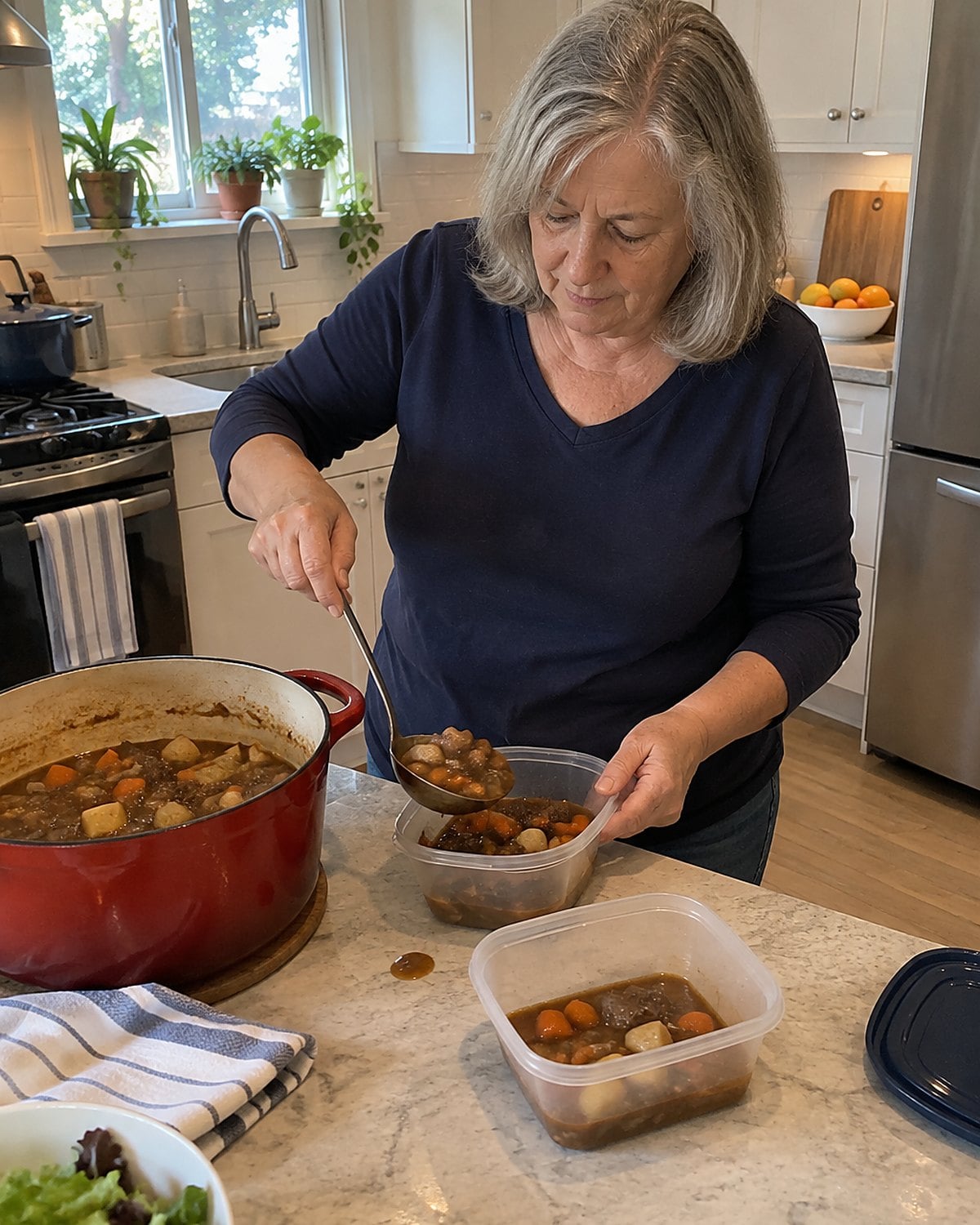 Hands ladling stew from a heavy Dutch oven into shallow containers on the counter.