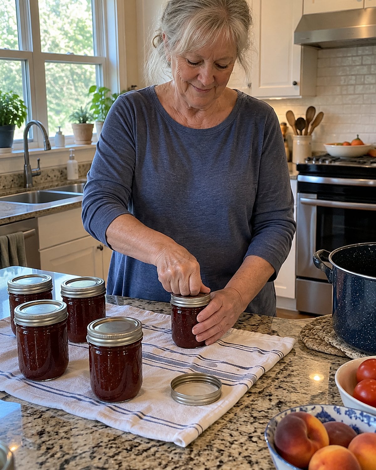 A thumb pressing the center of a canning-jar lid on a kitchen counter.