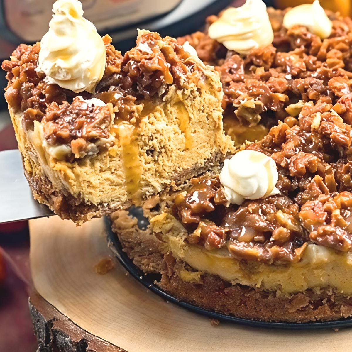 A slice of rich Instant Pot pumpkin pecan cheesecake topped with gooey caramel glaze, crunchy pecans, and whipped cream, perfect for Thanksgiving potluck desserts.
