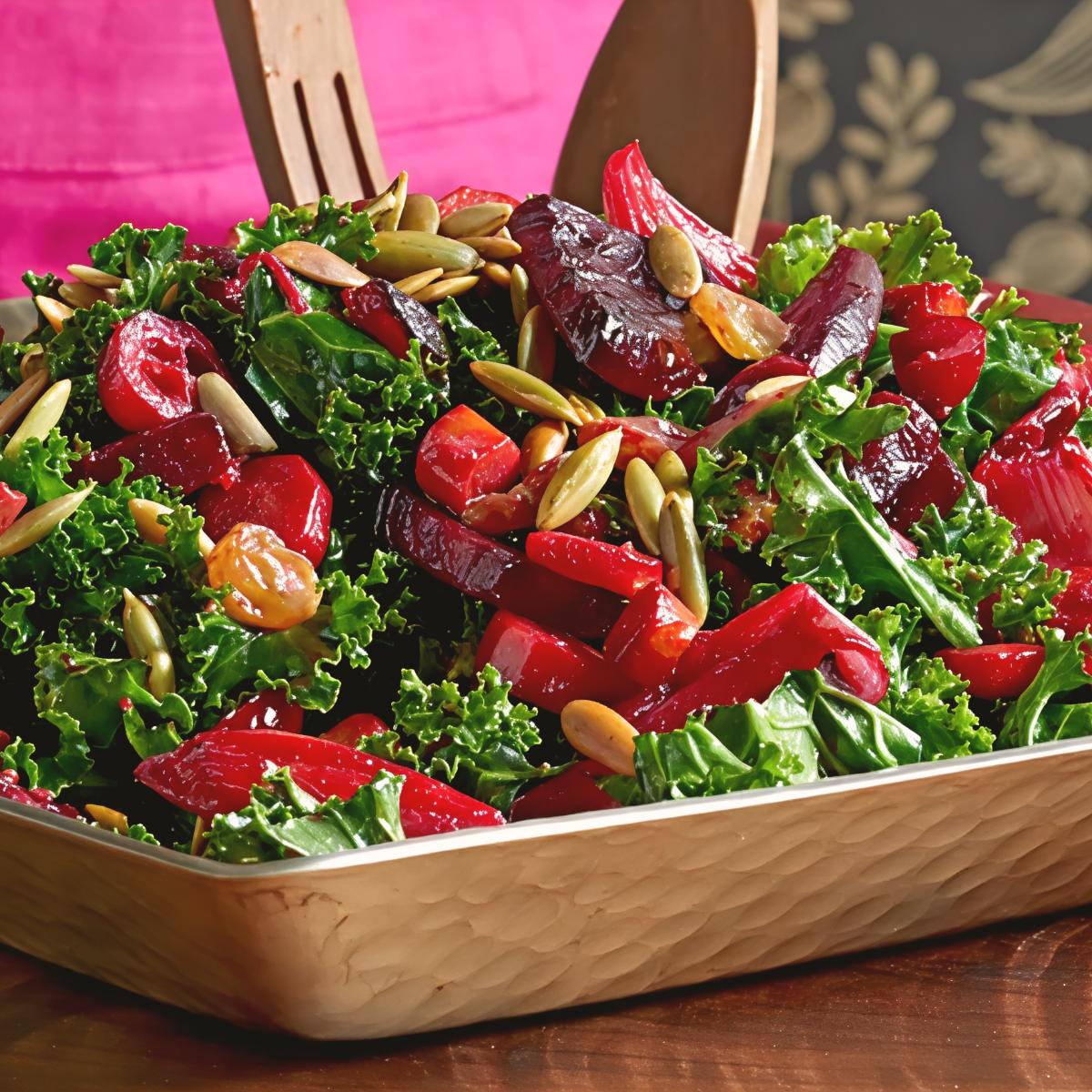 A vibrant salad bowl tossed with fresh kale, roasted root vegetables, tart cranberries, and crunchy pepitas for healthy Thanksgiving vegetable side dishes.