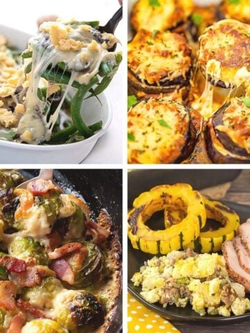 A photo collage featuring green bean casserole, eggplant parmesan, cheesy bacon Brussels sprouts, and sausage stuffing makes a delicious roundup of keto thanksgiving sides.