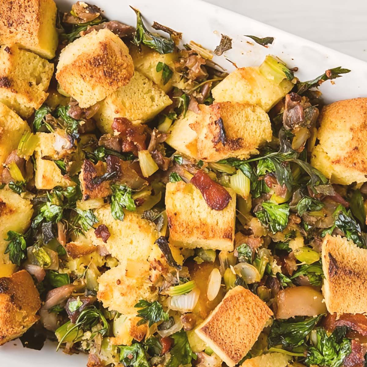 Golden-brown cubes of low-carb cornbread baked with savory herbs, celery, and bacon fill a white casserole dish to make delicious keto thanksgiving sides.