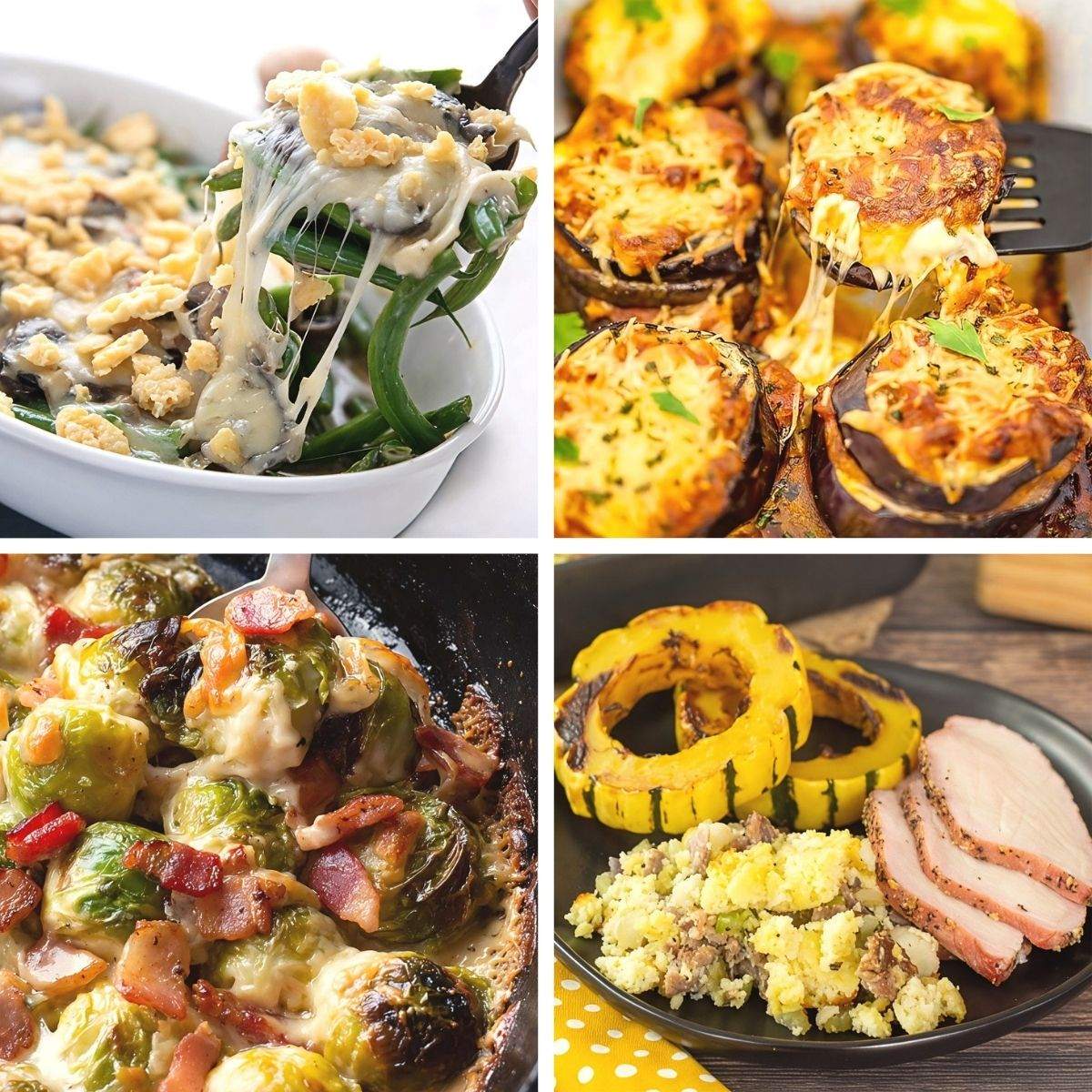 A photo collage featuring green bean casserole, eggplant parmesan, cheesy bacon Brussels sprouts, and sausage stuffing makes a delicious roundup of keto thanksgiving sides.