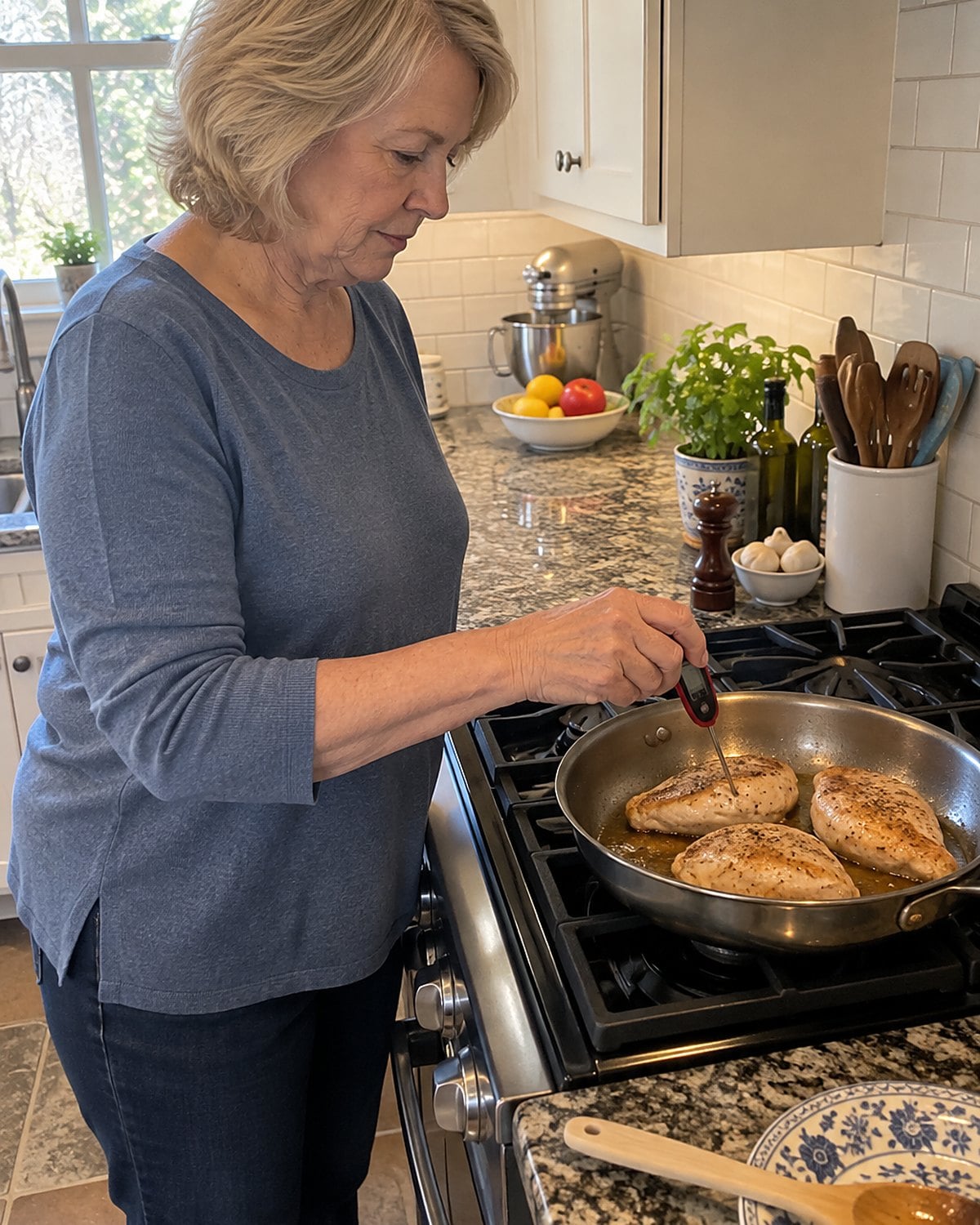 A hand placing an instant-read thermometer into the thickest part of a chicken breast in a pan on the stove.