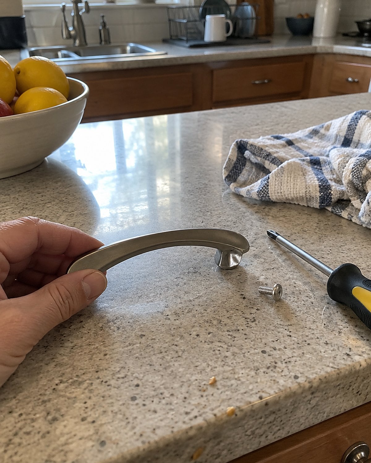 A loose screw beside a cabinet handle and a small screwdriver on the counter.