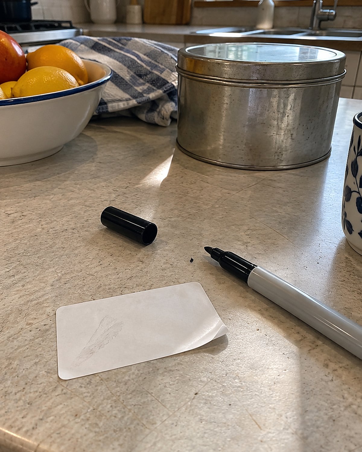 A faintly marked freezer label beside an uncapped marker on the counter.