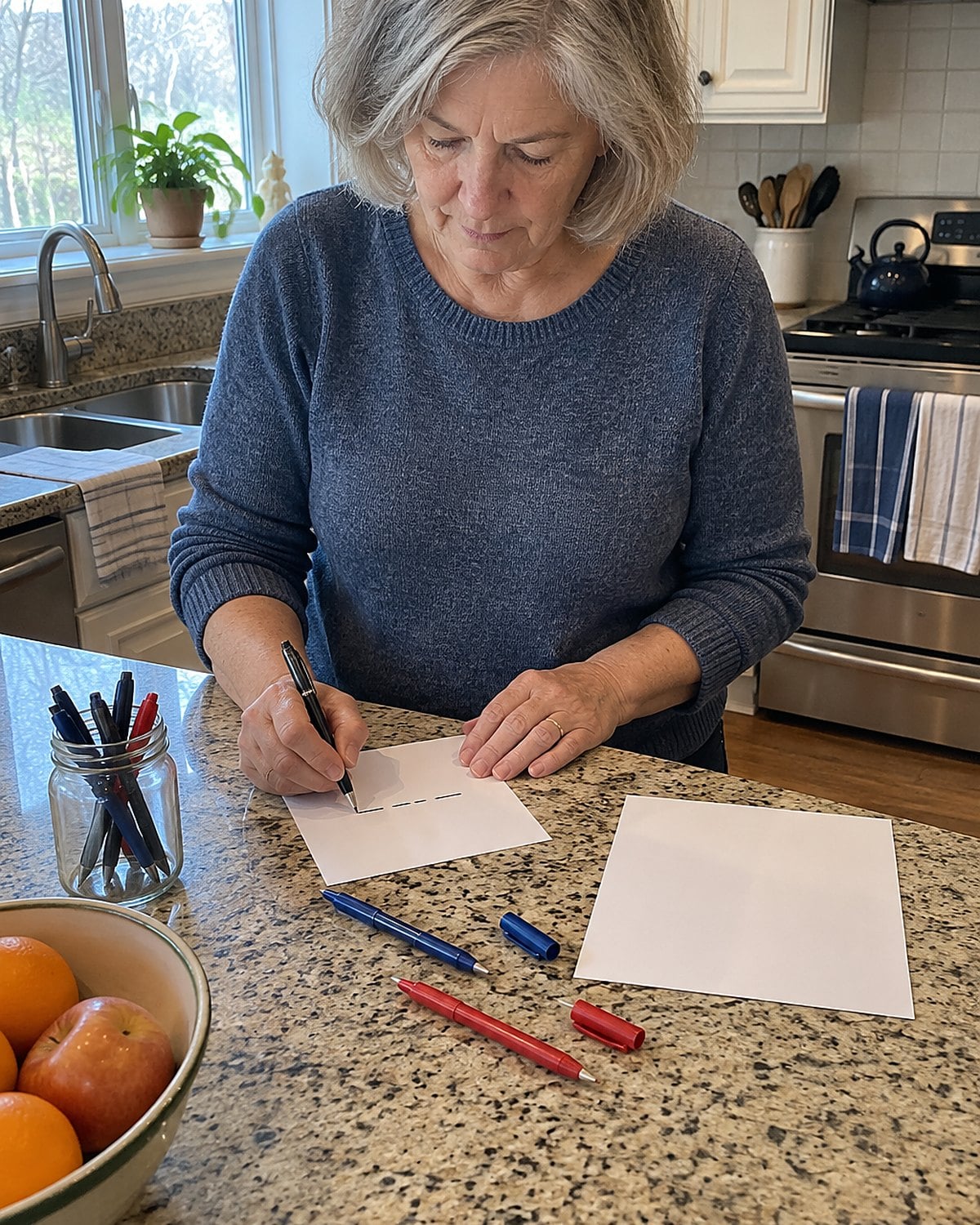 A hand testing several pens on scrap paper beside a grocery list.