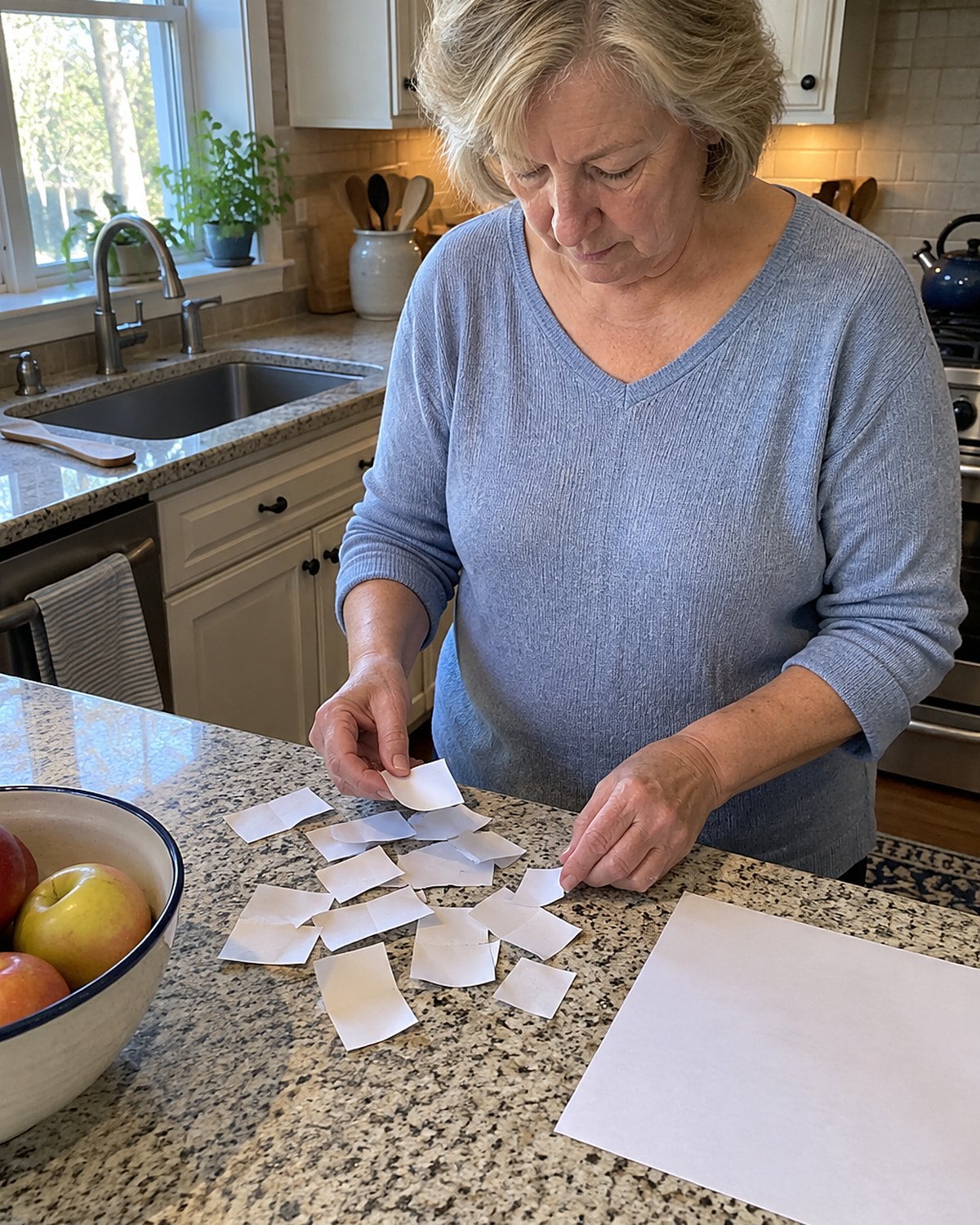 A hand sorting curled grocery coupons beside a shopping list on the kitchen counter.