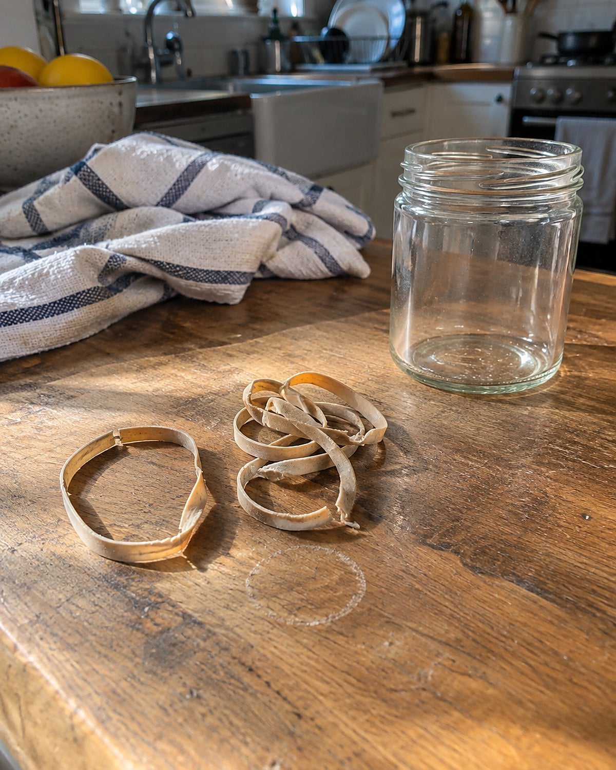Cracked rubber bands stuck together on a worn wooden counter beside a small empty jar.