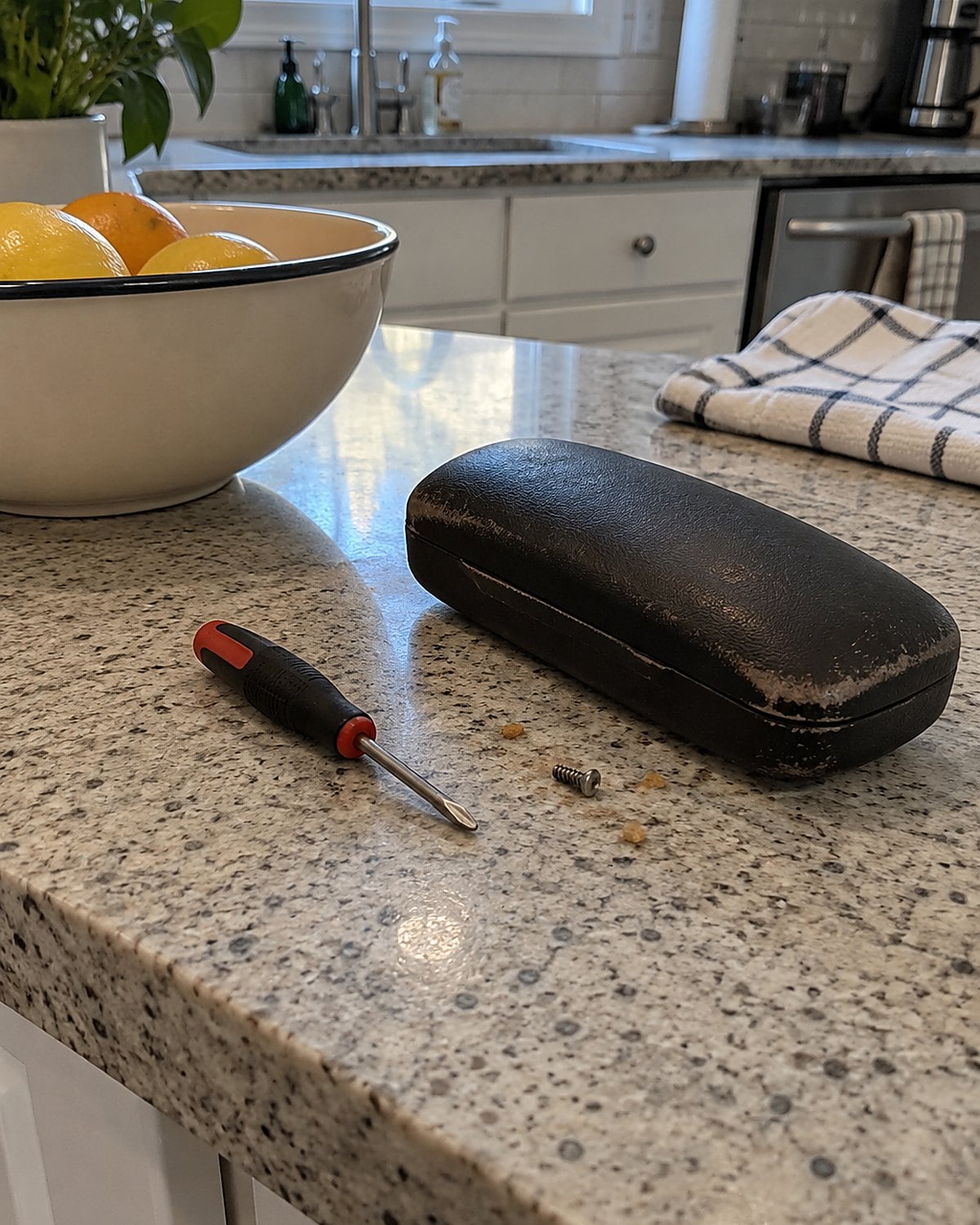 A tiny screwdriver beside a glasses case and a loose screw on a kitchen counter.