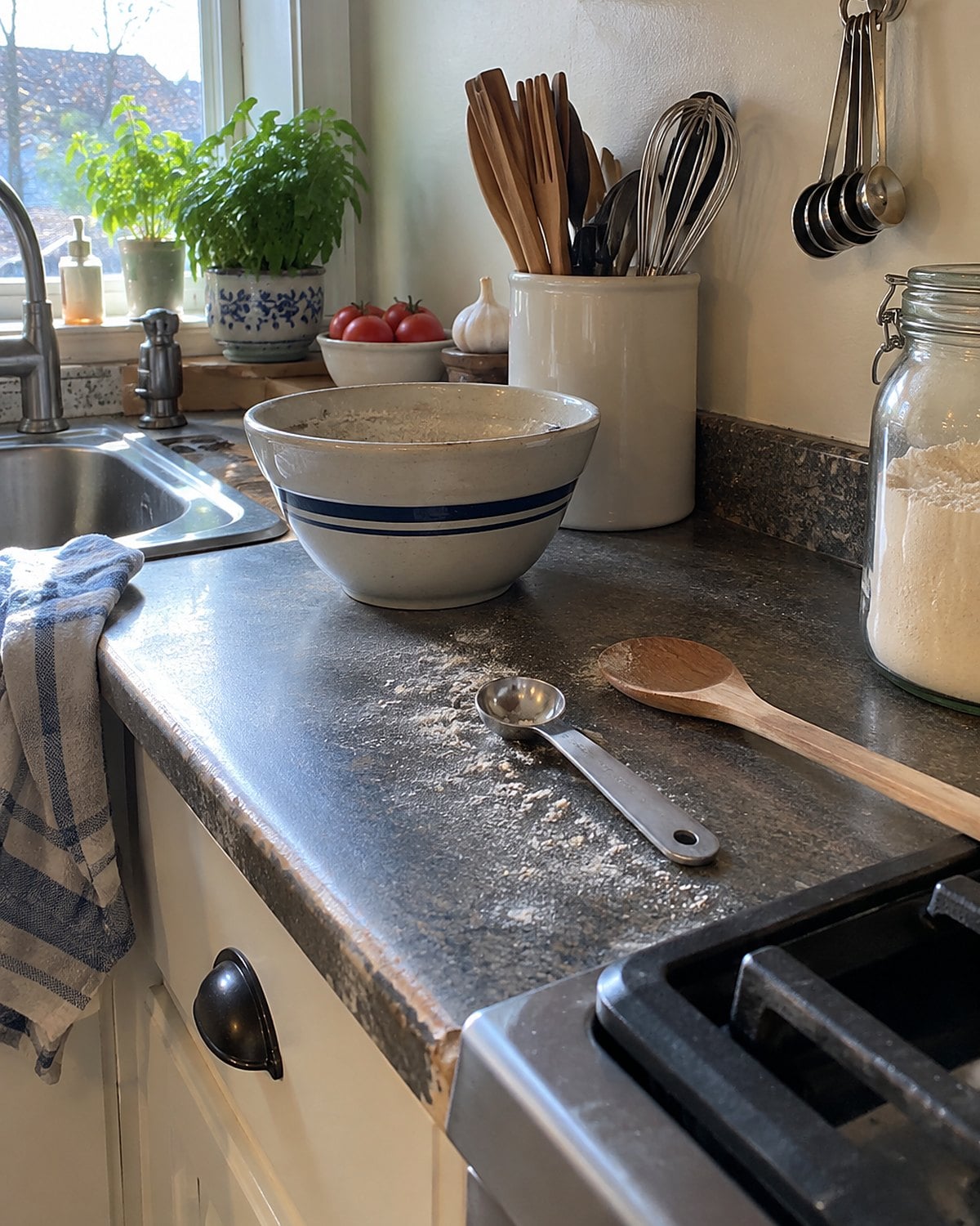 A lone measuring spoon beside a hanging set of spoons near the stove.