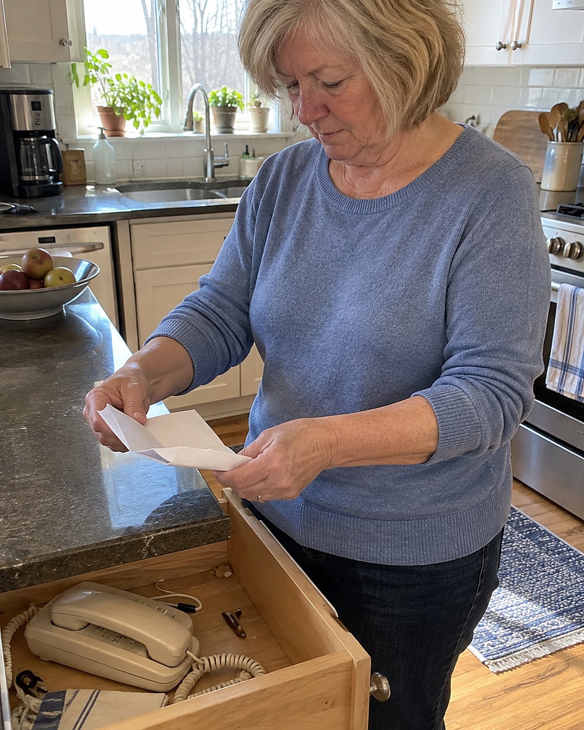 A folded takeout menu being lifted from a drawer beside a telephone.