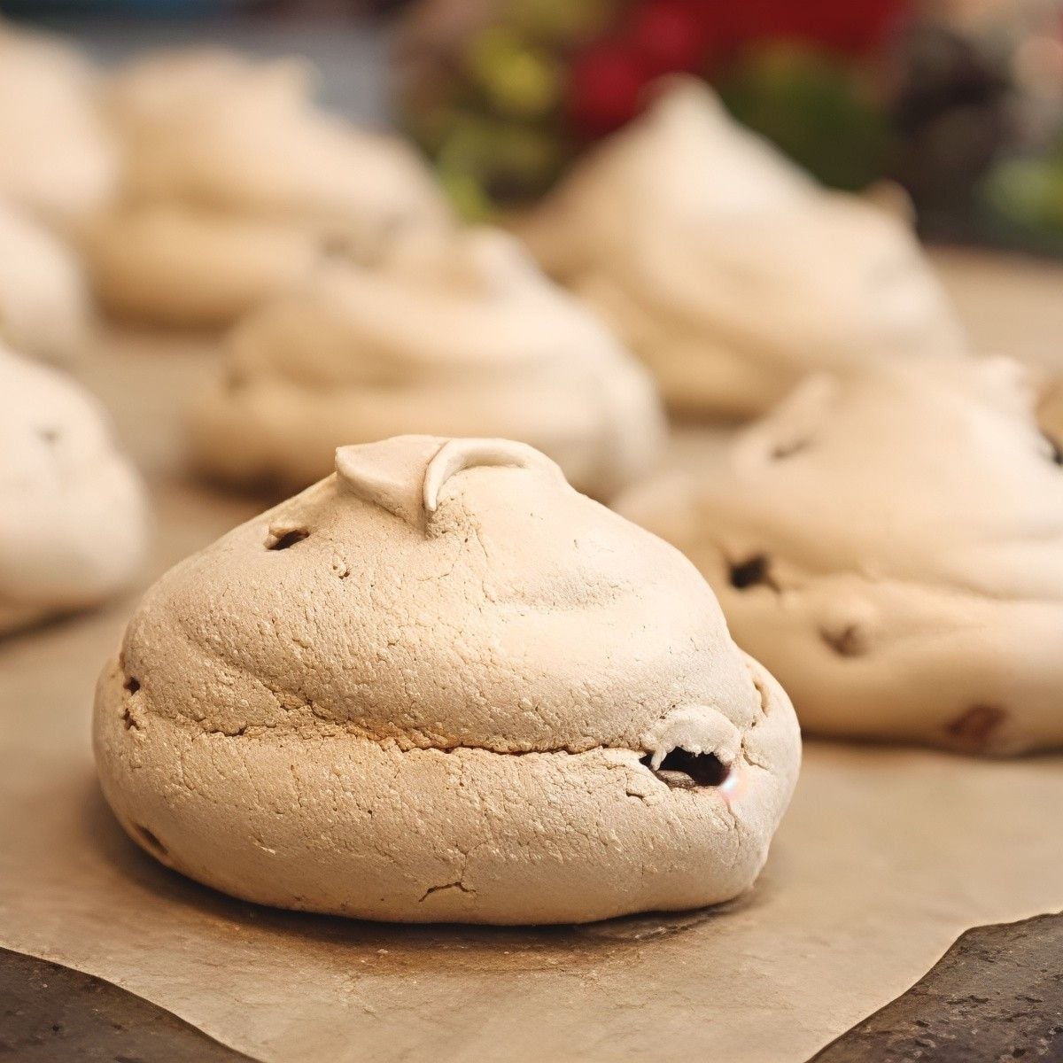 Traditional Icelandic Lakkrístoppar licorice meringue cookies baked to perfection on parchment paper, presented as a unique European Christmas dessert.