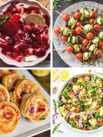 A collage of delicious dish ideas including strawberry cheesecake dip, Caprese skewers, baked pinwheels, and a fresh tortellini pasta salad, featuring easy last minute potluck ideas.