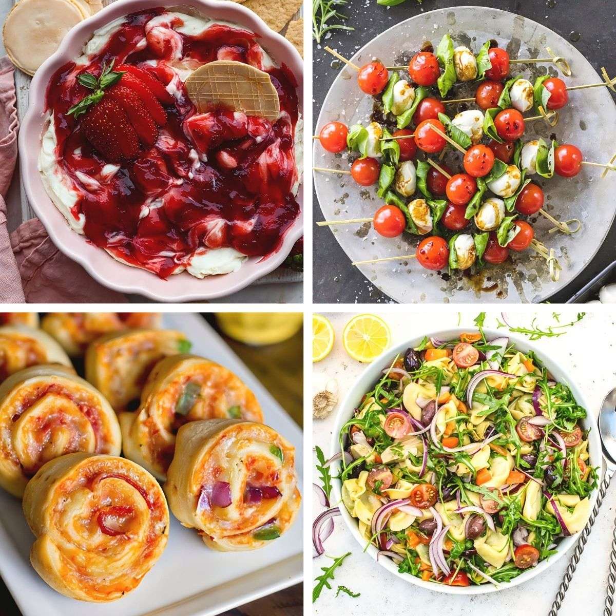 A collage of delicious dish ideas including strawberry cheesecake dip, Caprese skewers, baked pinwheels, and a fresh tortellini pasta salad, featuring easy last minute potluck ideas.