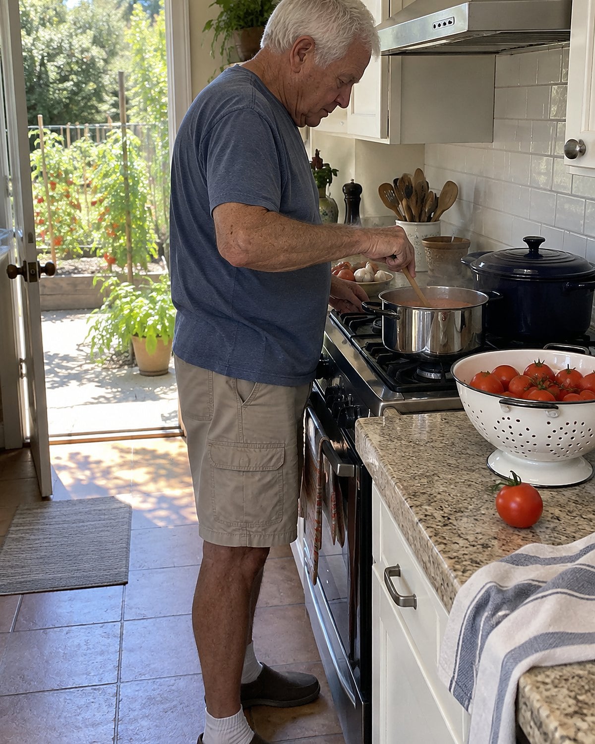 At a garden bed of tomatoes around noon, a man in his seventies stands at the stove stirring a pot beside a colander of picked tomatoes, mid-moment and unposed.