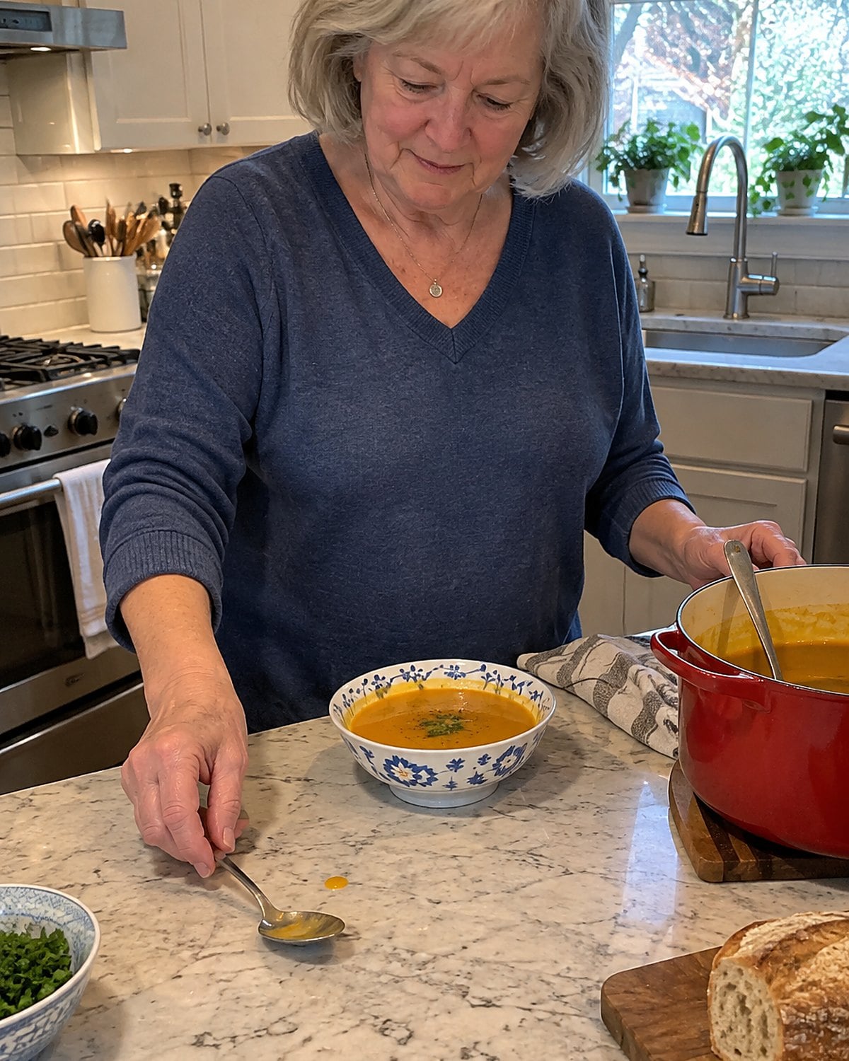 A tasting spoon rests beside a bowl of soup while a clean spoon stays in the serving container.