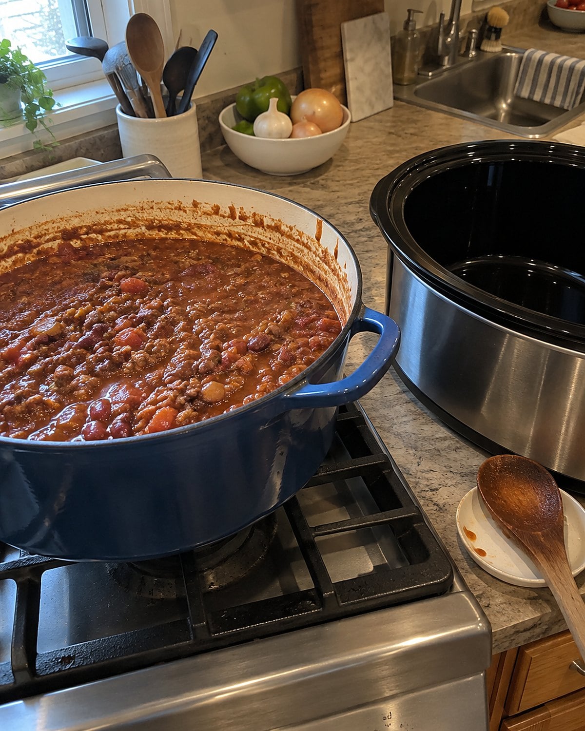 A pot of chili sits on the stove beside an empty slow-cooker crock.