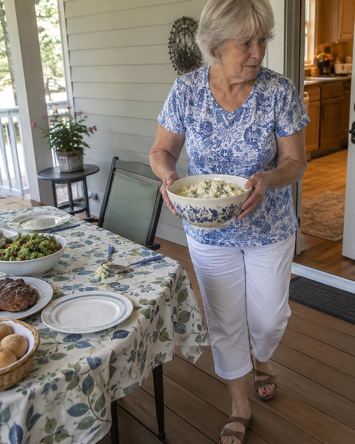 Hands lift a bowl of potato salad from a shaded porch table toward the house.