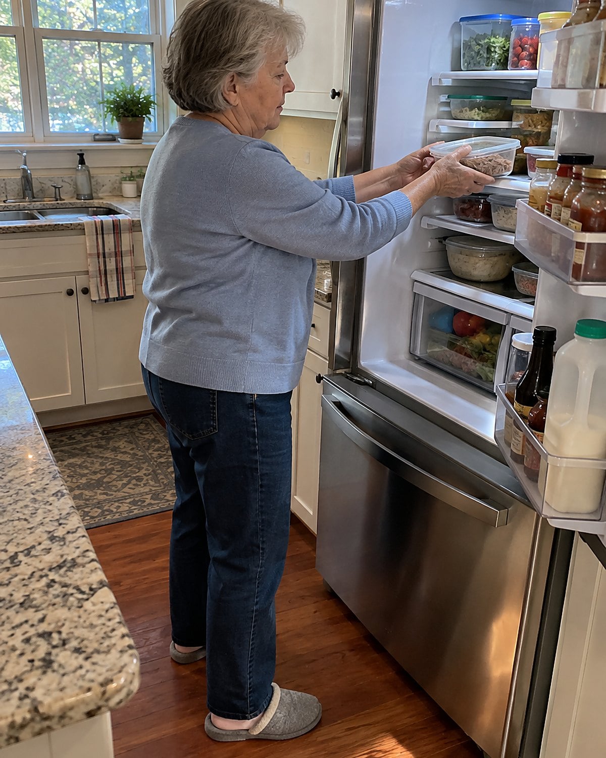 Hands move a container of leftover pork from the refrigerator door onto an inside shelf.