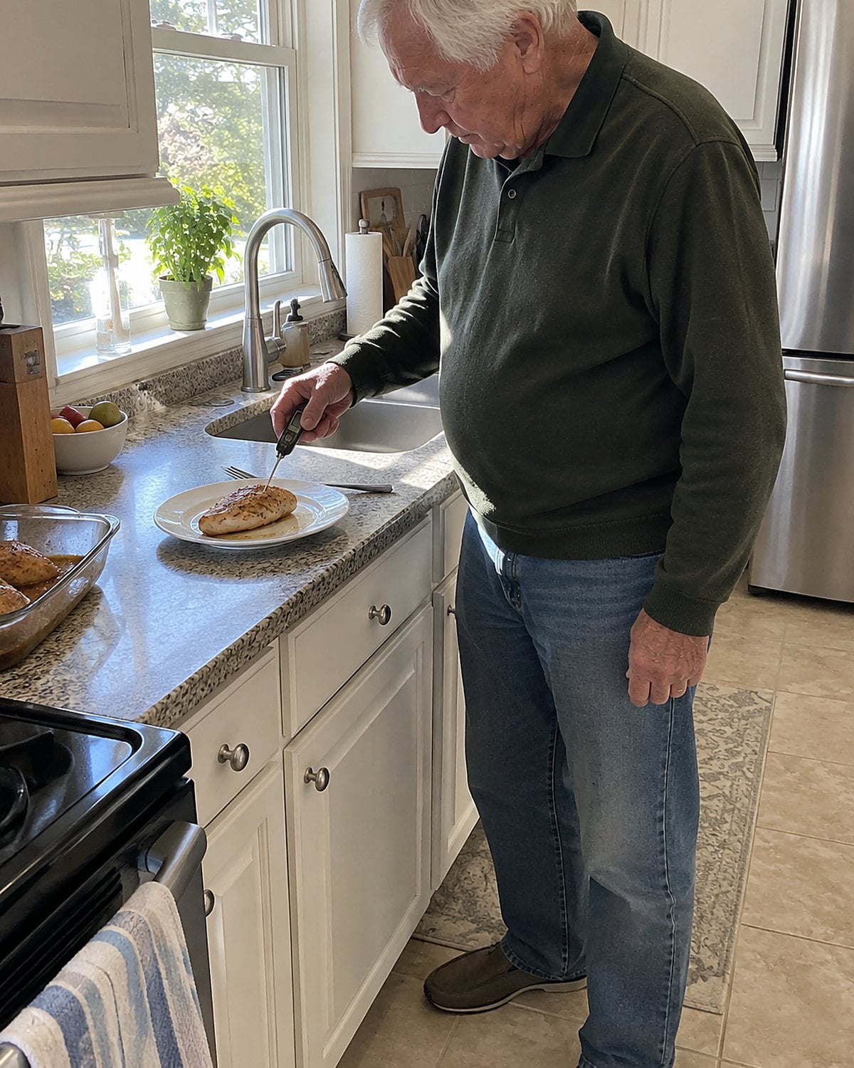 A hand pushes a food thermometer into the thickest part of reheated chicken on a plate.