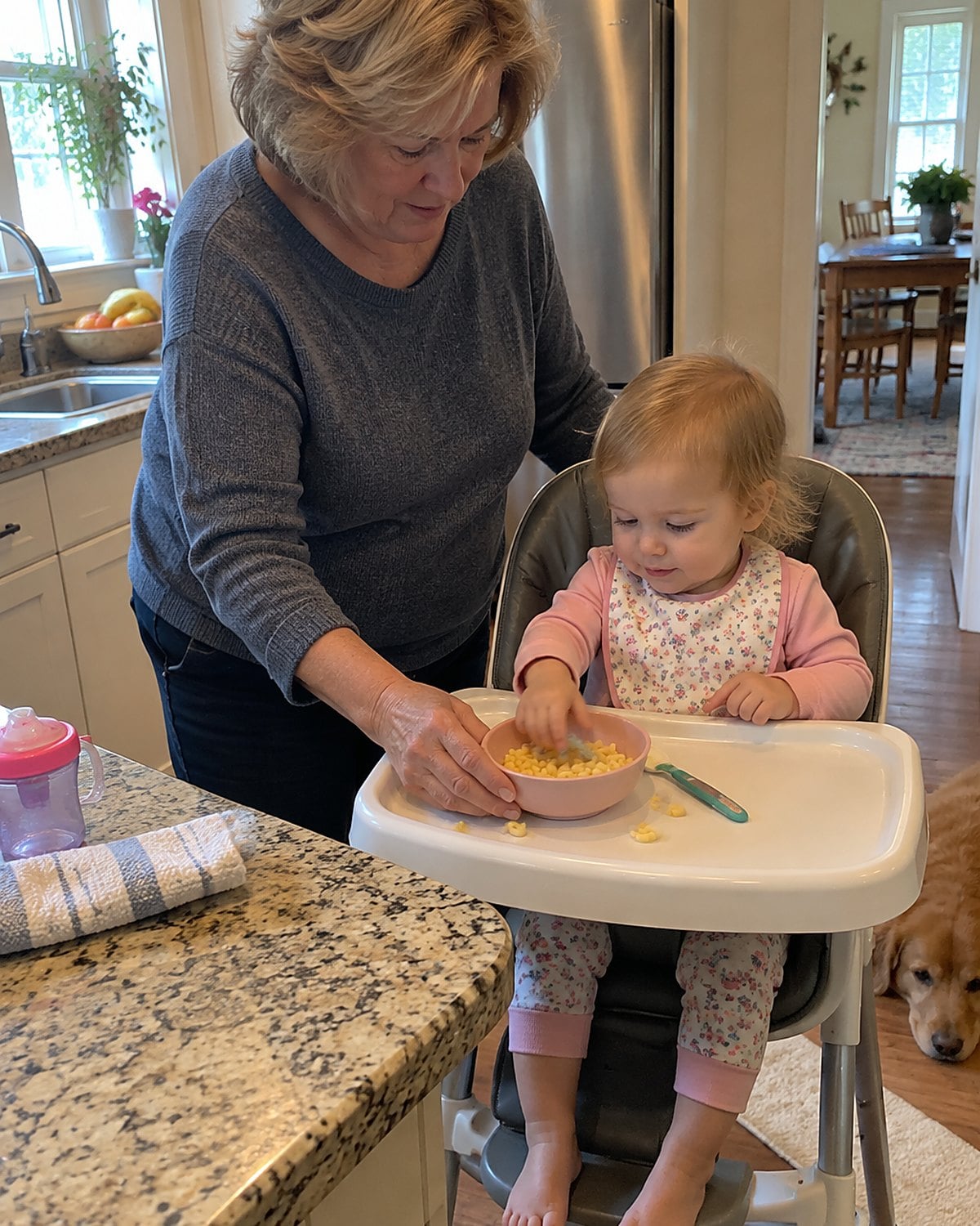 A grandchildโs high chair tray holds a small bowl of macaroni and a damp spoon beside reaching hands.