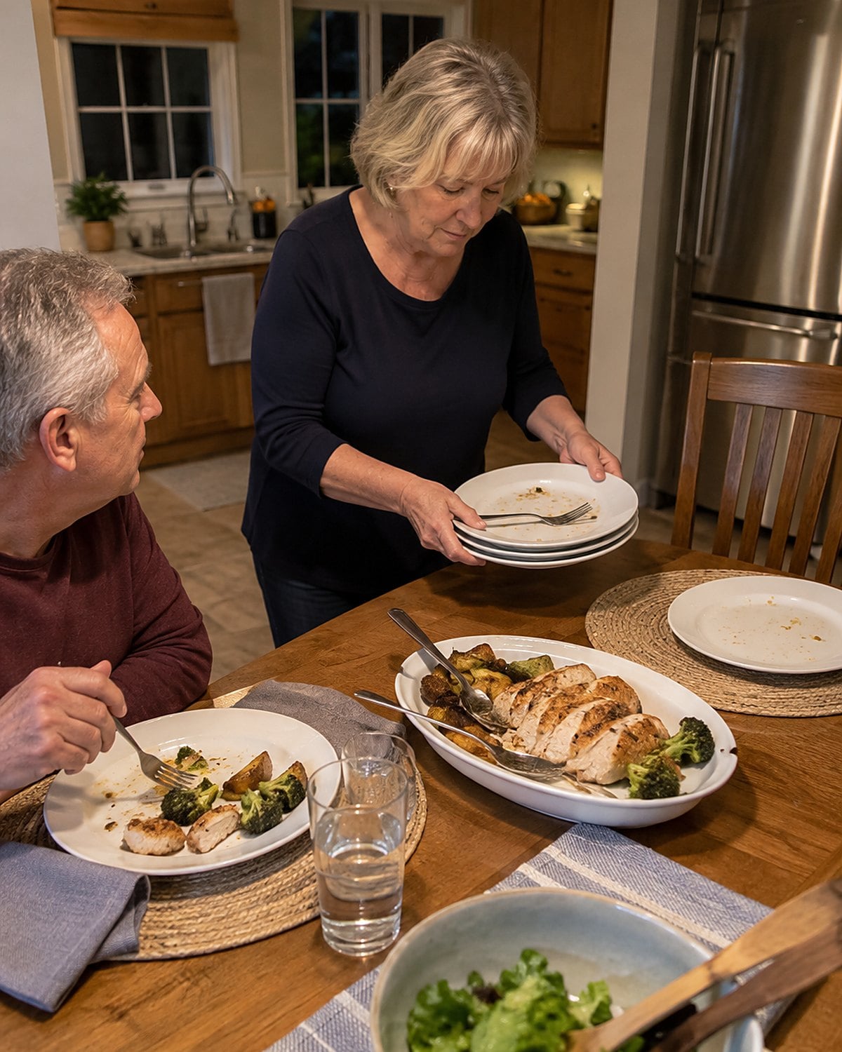 A platter of sliced chicken sits at the end of a dinner table while hands gather used plates.