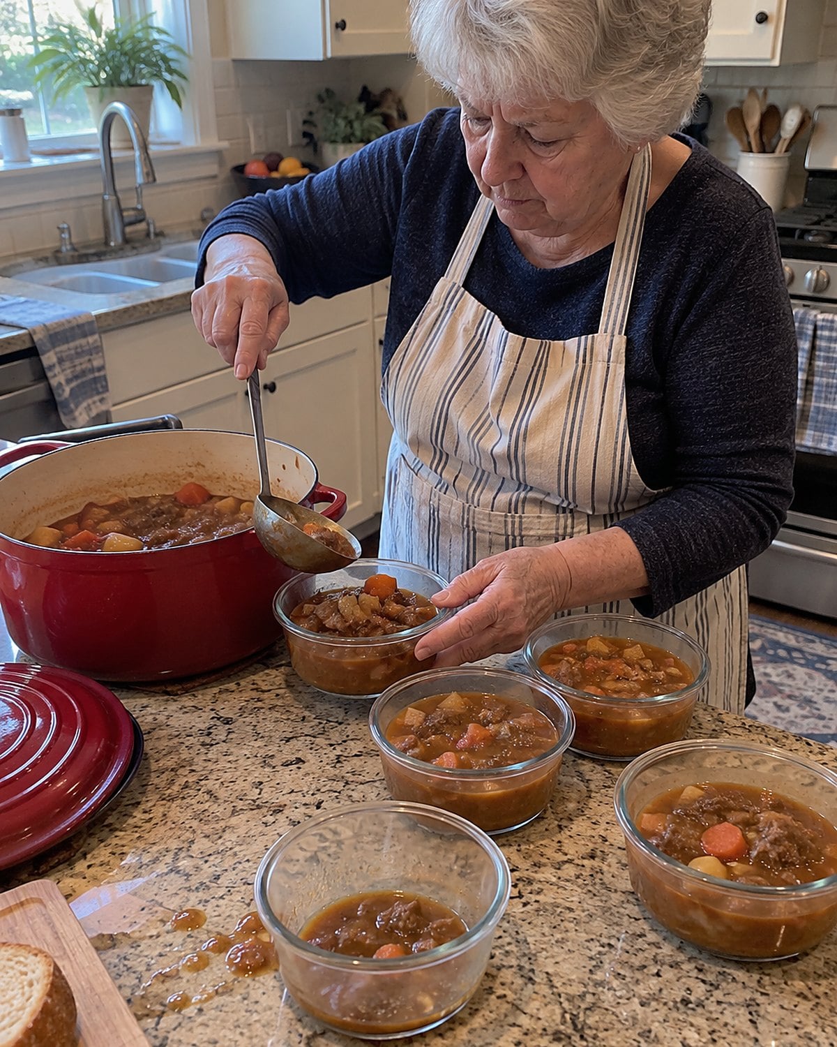 A heavy Dutch oven sits beside several shallow containers as hands ladle stew from the pot.