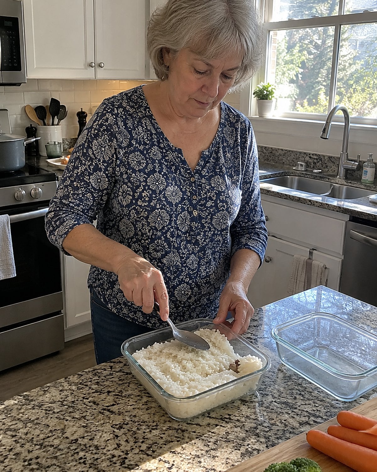 Older hands spread cooked rice into a shallow container on a kitchen counter.