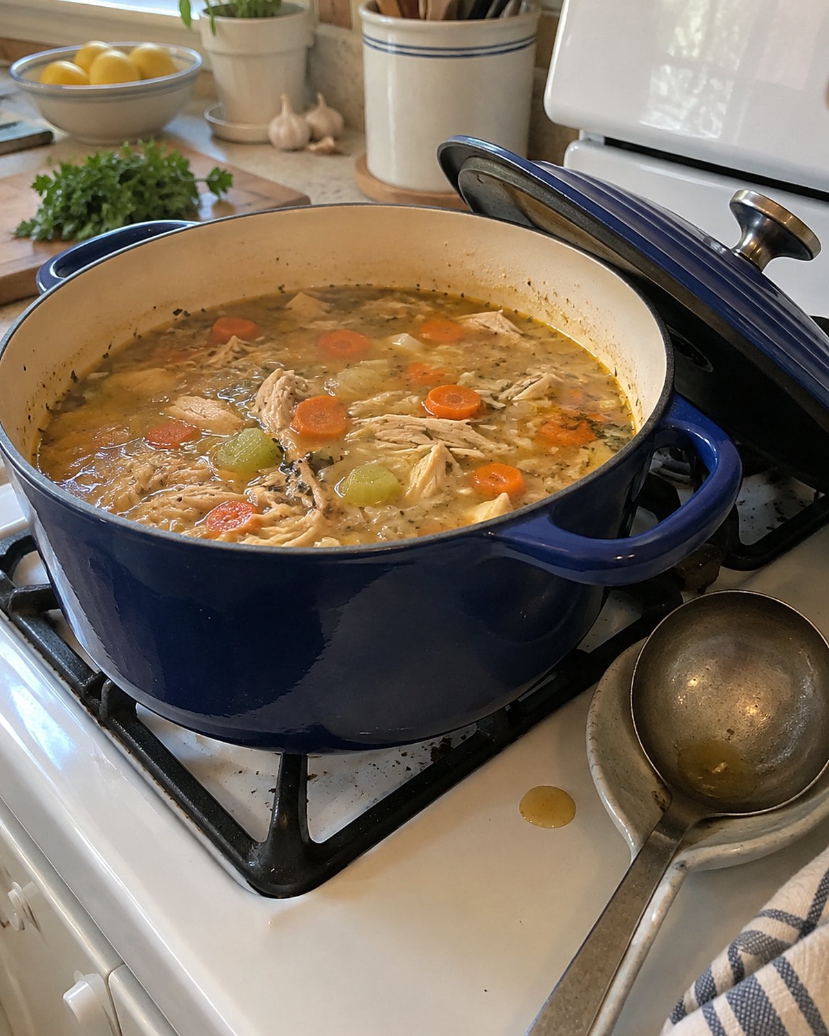 A large soup pot sits on a white stove with its lid tipped open and a ladle resting beside it.